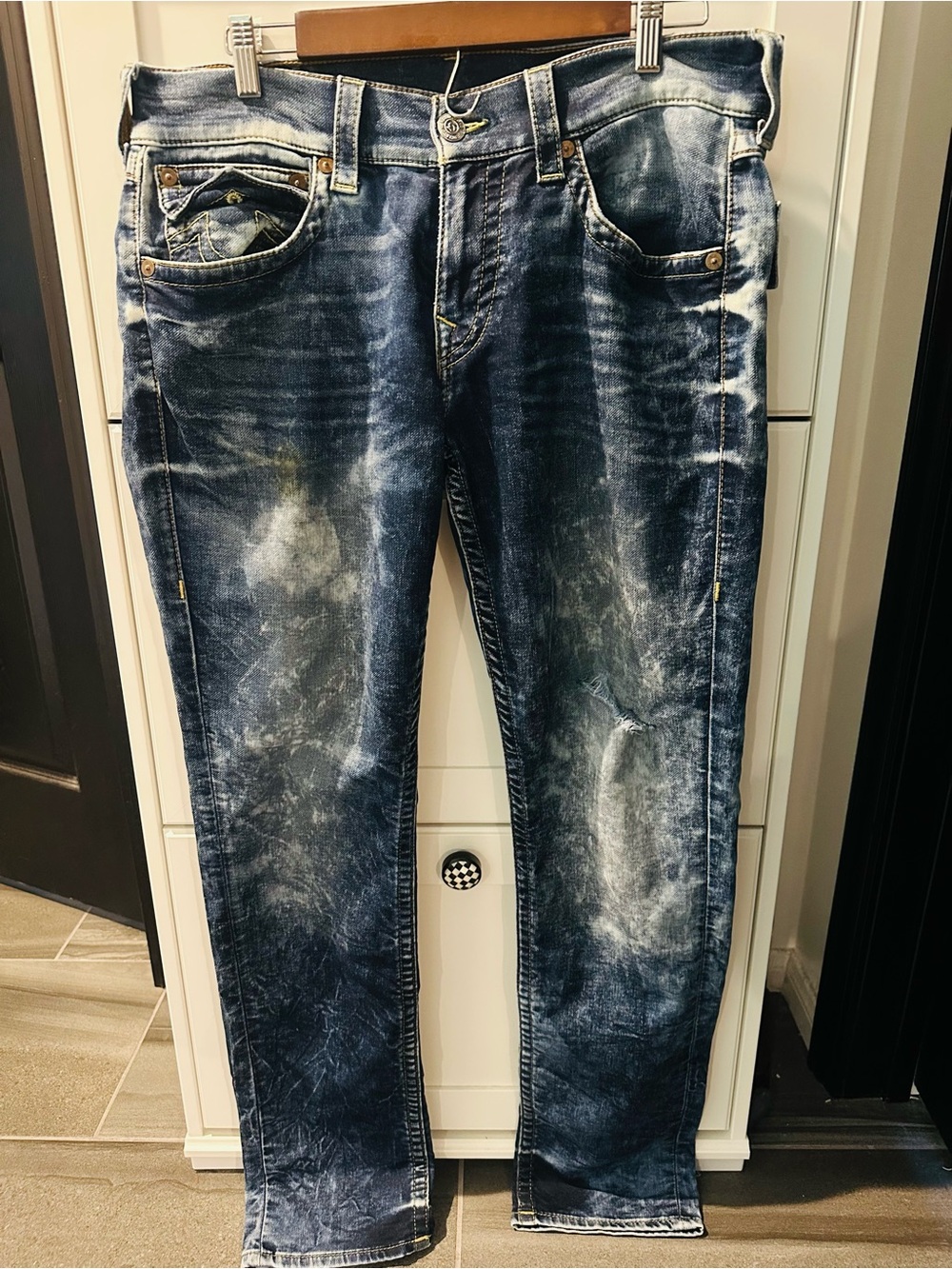 True Religion Men's Distressed Dark Blue Slim Straight Jeans